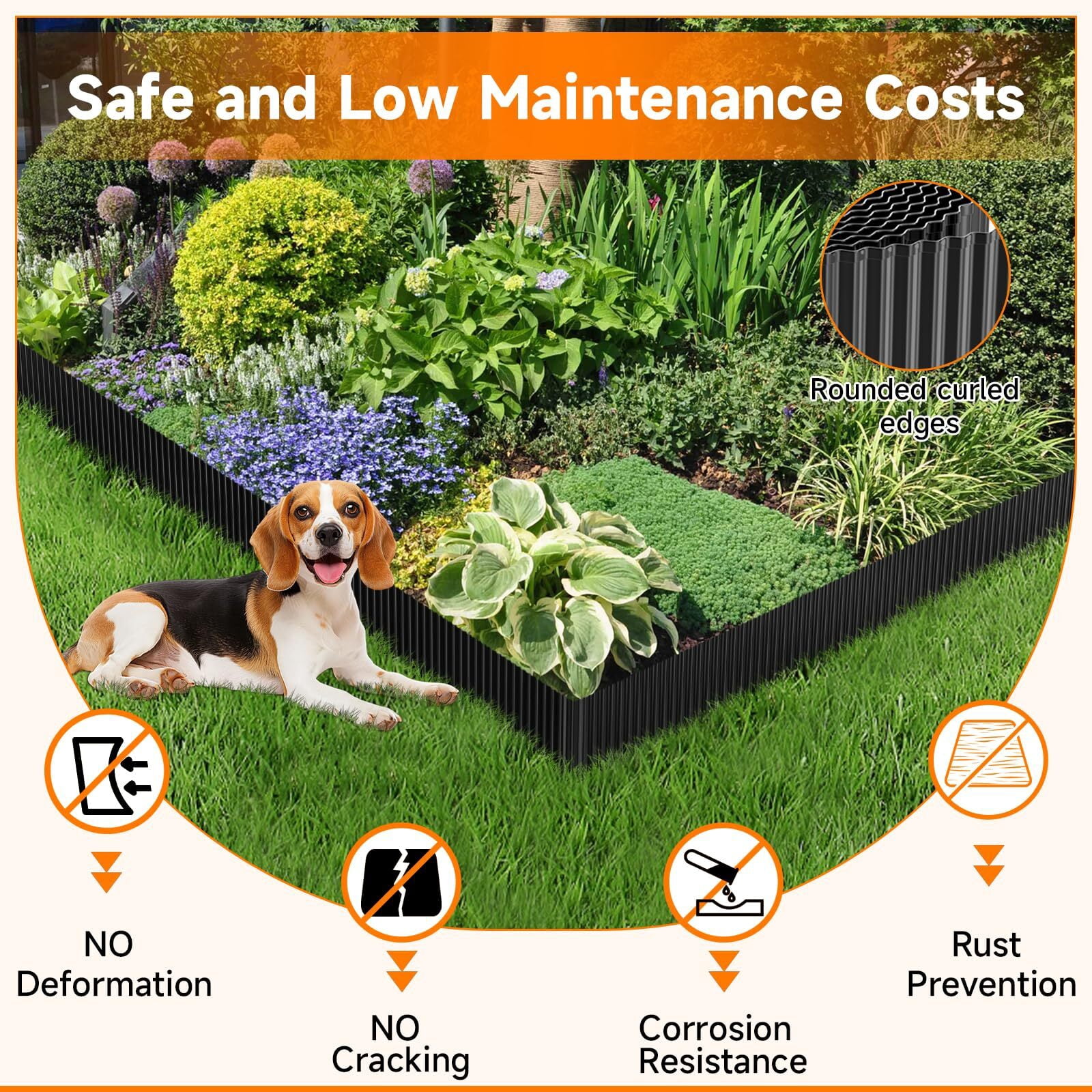 GTSABWAY 8"×20Ft Heavy Duty Corrugated Galvanized Steel Garden Landscape Edging, Flexible Hemmed Border for Weed & Mulch Control, Flower Beds Lawn & Tree Surrounds, Black