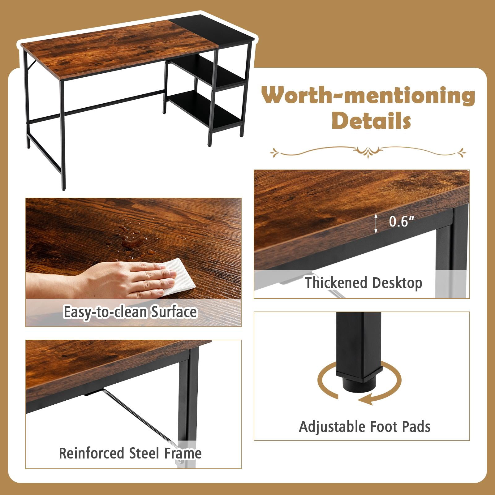 Giantex Large Computer Desk, PC Laptop Desk w/Storage Shelves, Industrial Home Office Desk for Writing, Studying, Gaming, Brown