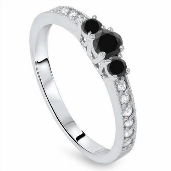 Pompeii 1/2ct Black & White Diamond 3 Stone Ring 10K White Gold (Black,)