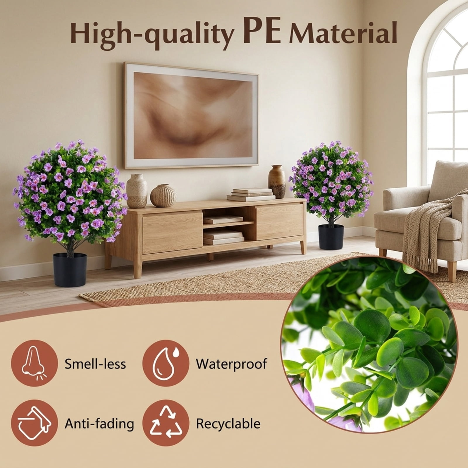 Vebreda Artificial Plant Decor, 2 Pack Artificial Eucalyptus Topiary Trees with Flowers and Cement Planter for Home, Lifelike Eucalyptus Bush