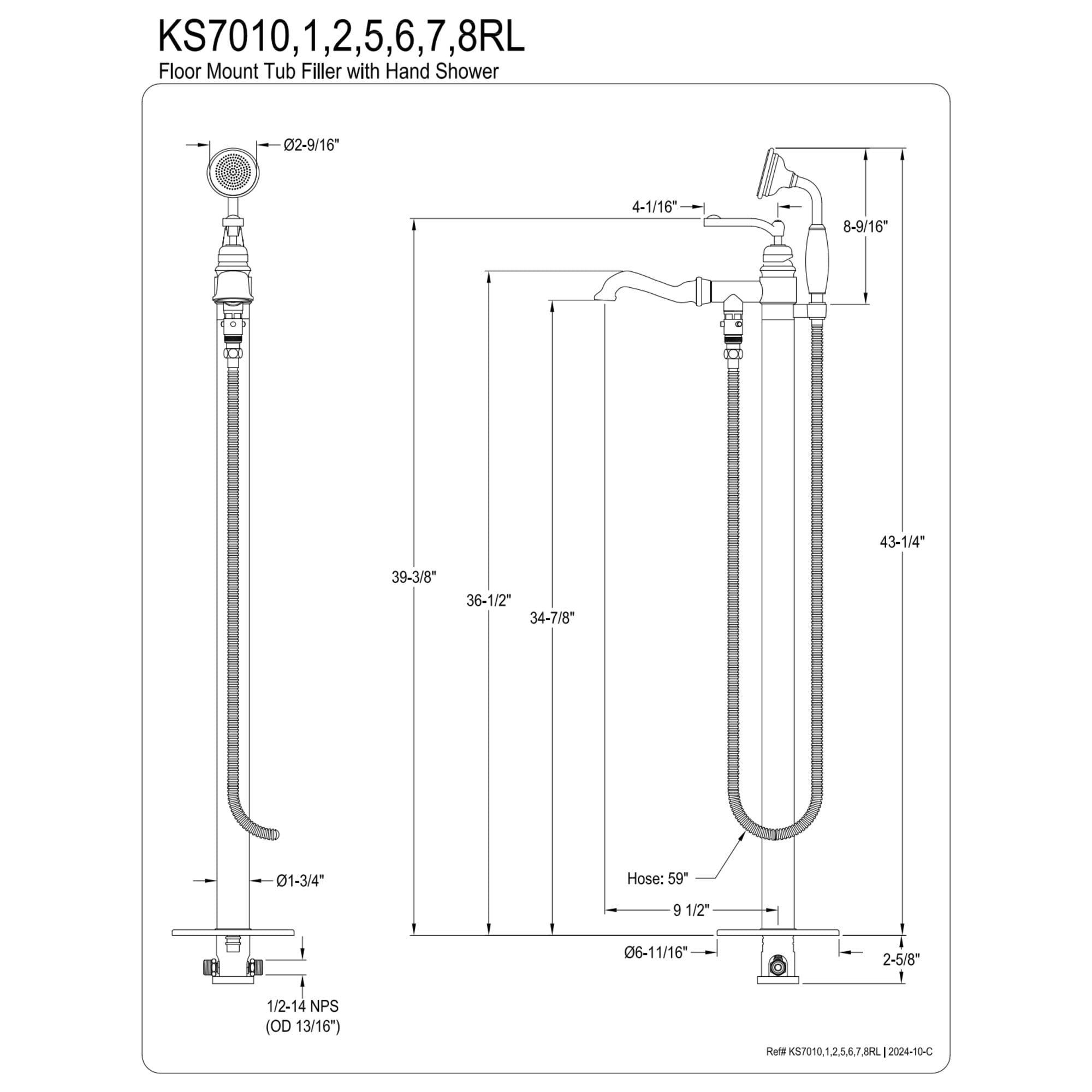 Kingston Brass KS7012RL Royale Freestanding Tub Faucet with Hand Shower, Polished Brass