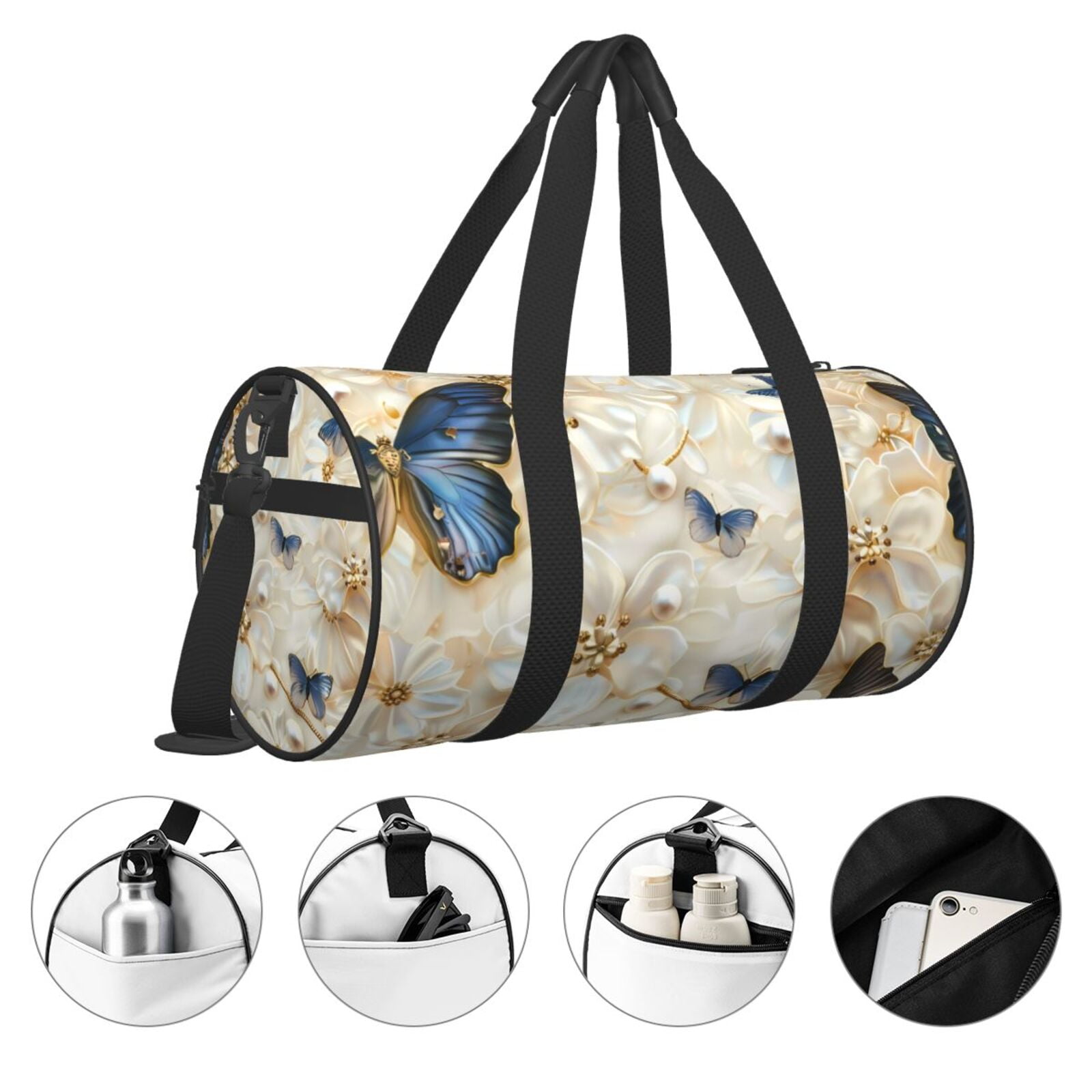 Defioc Elegant Butterflies And Pearls for Travel Duffle Bag,Weekender Bag Carry On Tote Bags Hospital Bag Large Capacity Sport Gym Bag for Men Women Fit for Trave, Gym,Weekend
