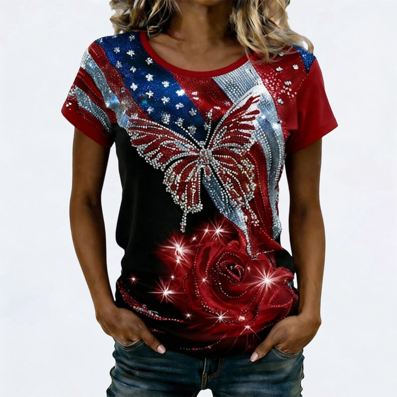 Sequin T Shirts for Women USA 250th Anniversary Shirt Independence Days Graphic Tee Short Sleeve Crew Neck Top M