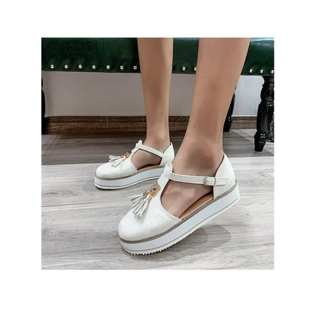 

Ymiytan Ladies Summer Sandal Ankle Strap Platform Sandals Low Heel Casual Shoes Outdoor Lightweight Nonslip Fringe Dress Shoe Beige 6