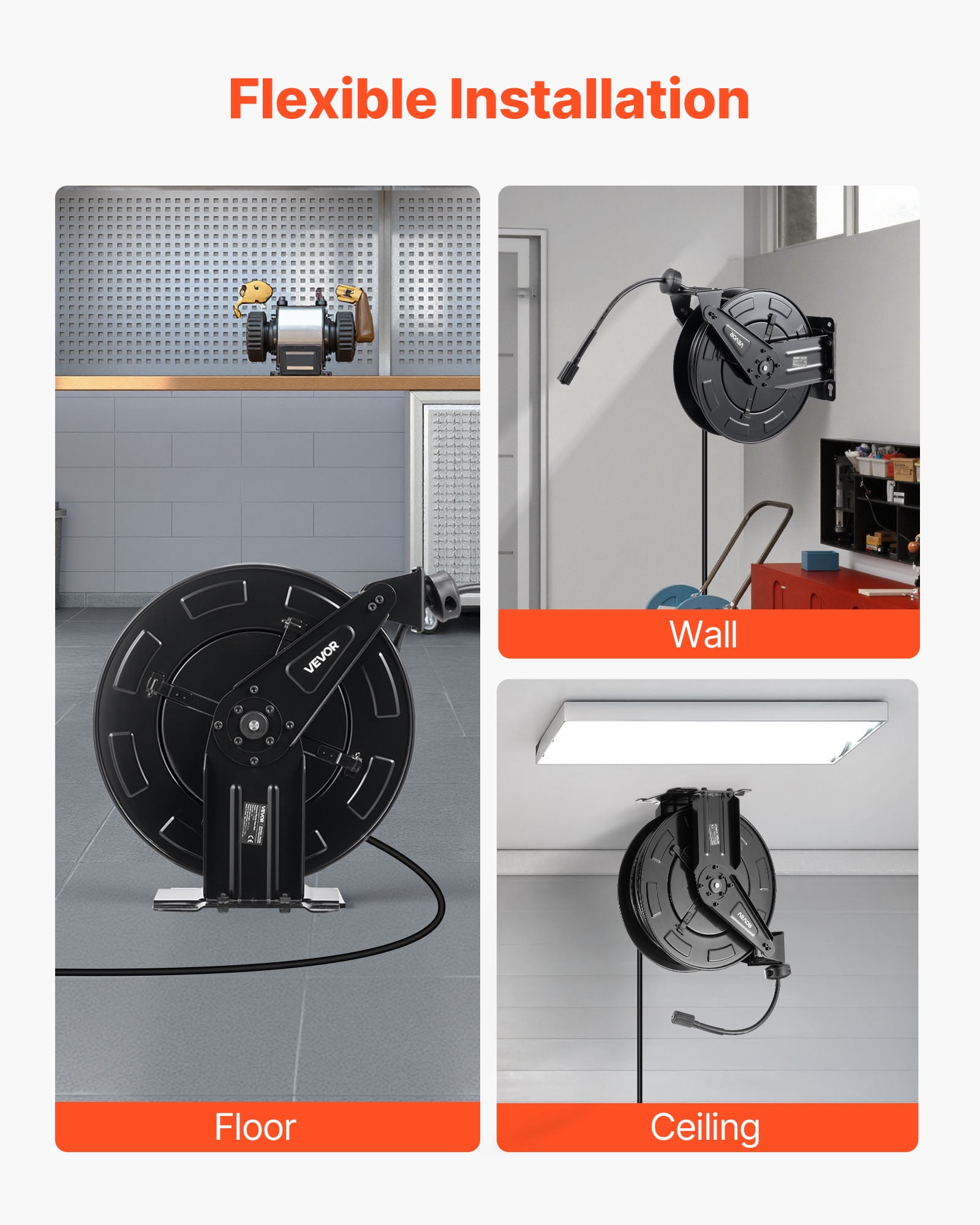 VEVOR Pressure Washer Hose Reel, 50 ft x 3/8 inch Retractable Power Heavy-Duty Steel Washer Hose Reel, 4000PSI Max, Auto-Rewinding, Flexible Wall/Floor Mounted for Car Washing,Garden,Floor Cleaning