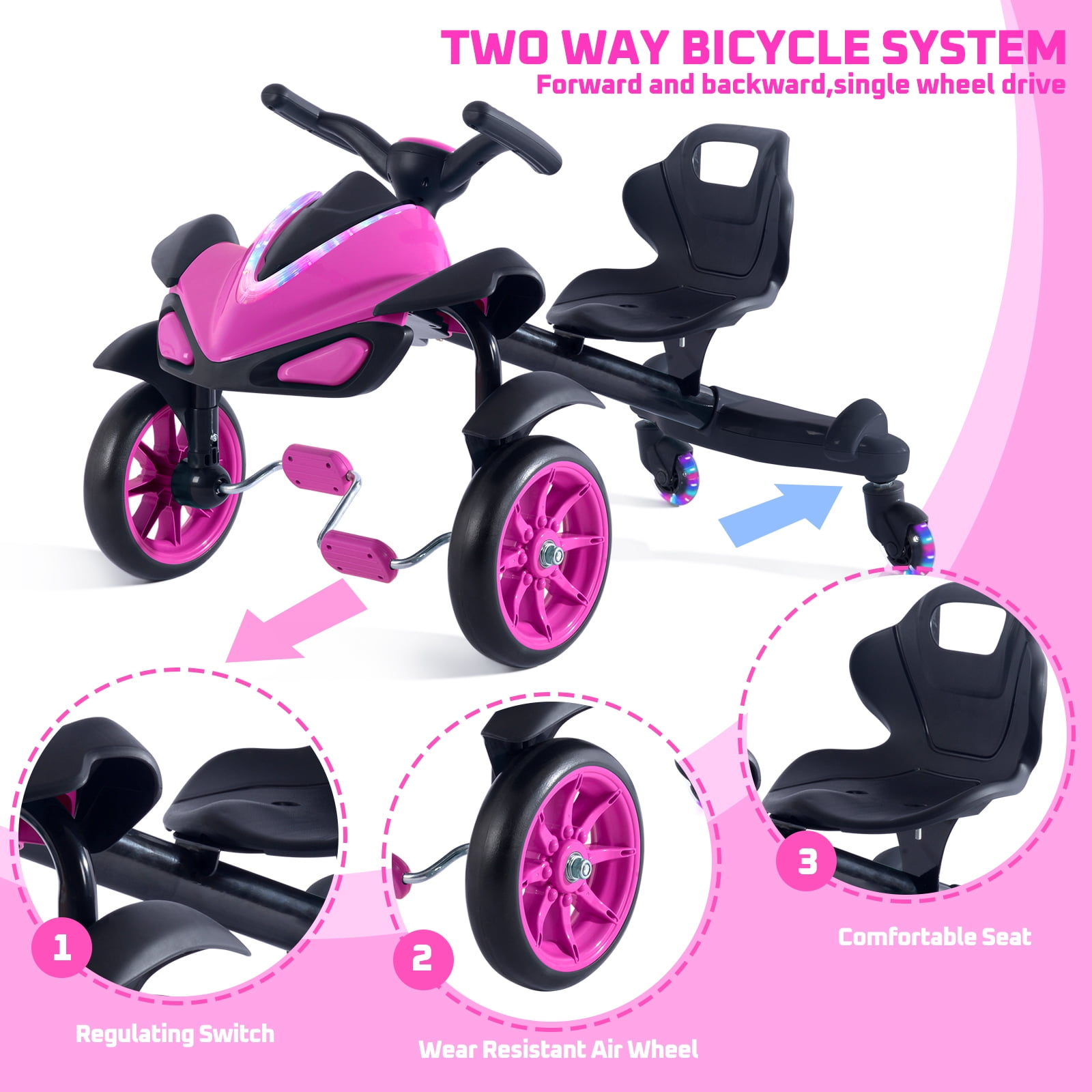 Sumsoltic 2-in-1 Kids Drift Bike - Crazy Drift Cart for Toddlers and 3-5 Years Old Kids,Pink
