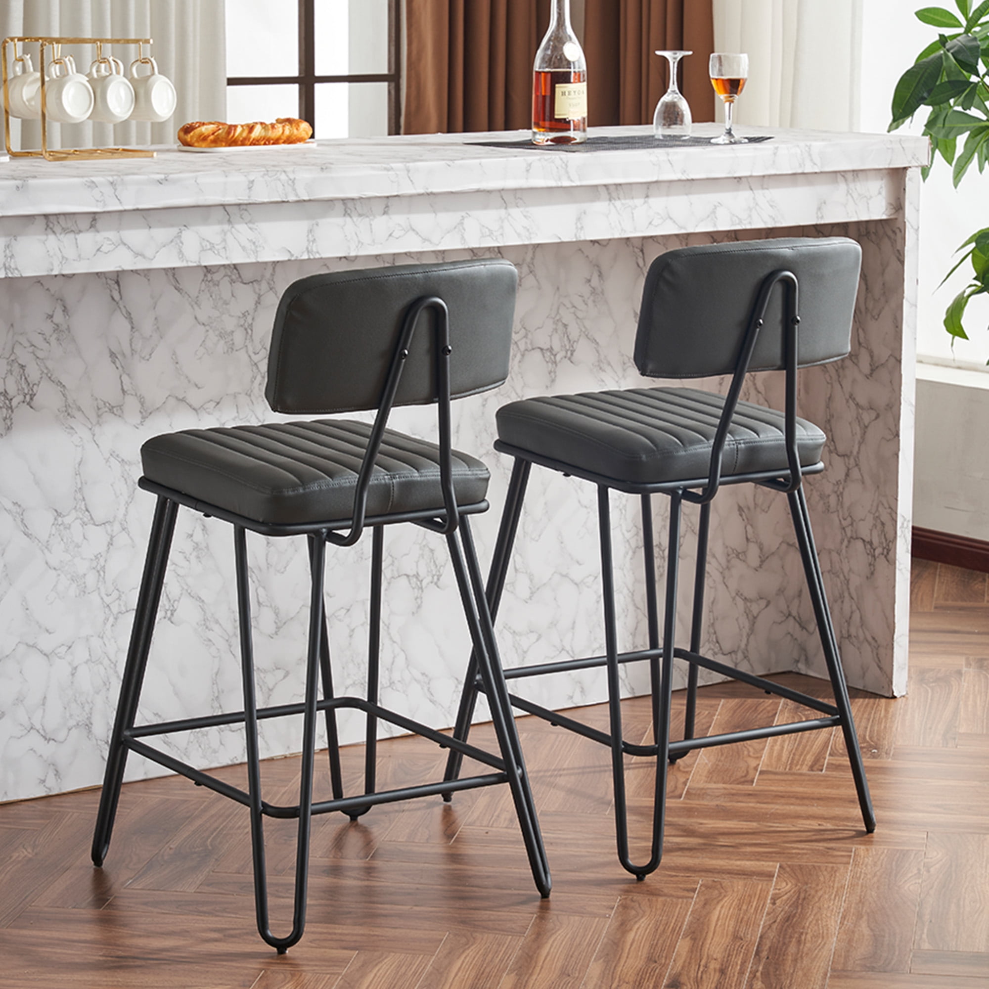 Industrial Vintage Bar Stools Set of 2 Counter Height with Grey PU Leather and Black Metal Frame Angled Backrest for Kitchen Dining