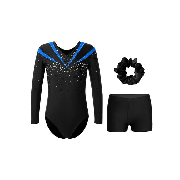 Haitryli Kids Girls Gymnastics Leotard Rhinestone Long Sleeve Ballet Jumpsuit Bodysuit with Shorts Hair Band Set Blue 6