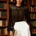 thumbnail image 2 of Womens Dressy Lace Tops Velvet Embroidered Pleated Blouses Crop Babydoll Shirt Long Sleeve Fall Clothes (2XL, Coffee), 2 of 6