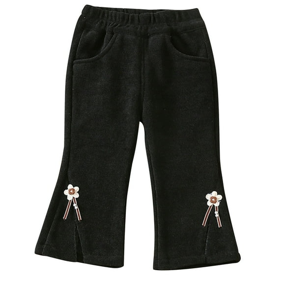 HAiming Boys Girls Corduroy Flare Pants Casual Pull on Solid Color Elastic Waist Cute Flower Hem Slit Trousers for Kids