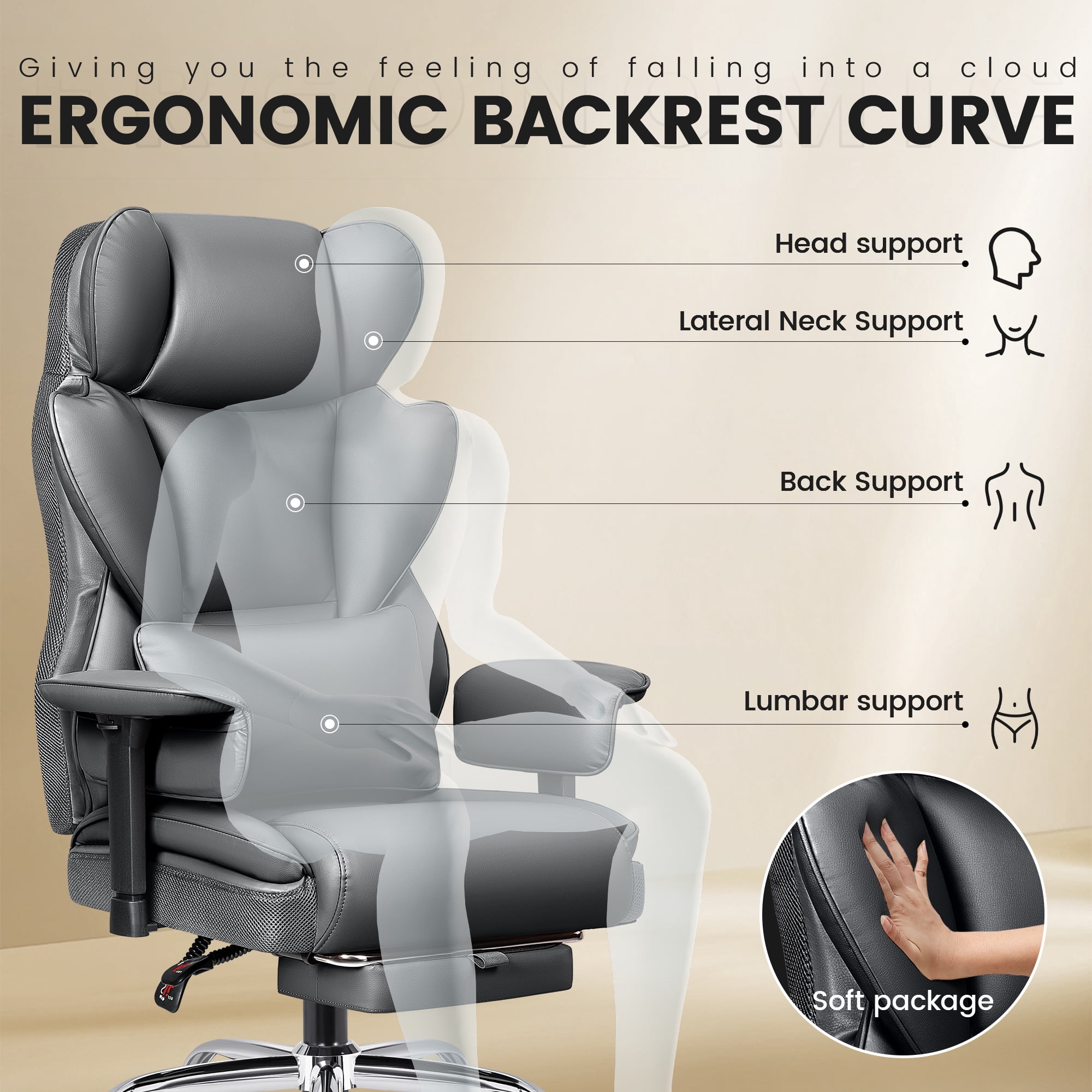 COOLHUT Large Executive PU Leather Office Chair with Adjustable Armrests and Footrest, High Back and Lumbar Support, Ideal for Big and Tall Users, Perfect for Home Office or Computer Desk Use, Gray