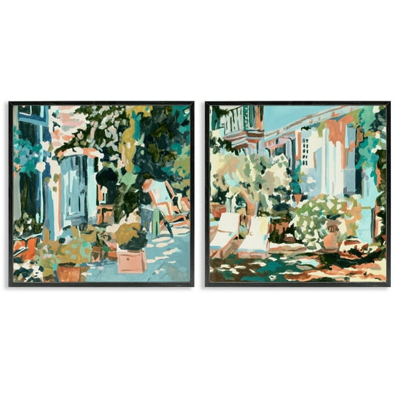 Stupell Industries Plants on Town Buildings Scenic & Cityscapes Painting Black Framed Art Print Wall Art, 12 x 12, Set of 2
