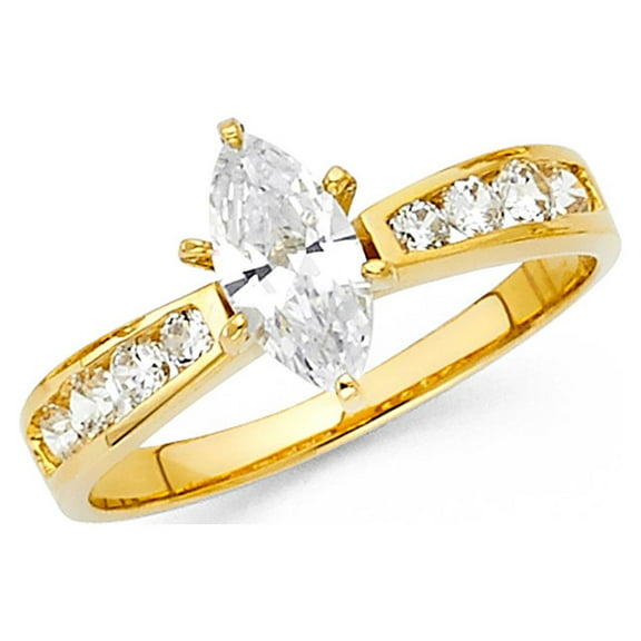 14k Yellow Gold CZ Marquise Engagement Ring Anniversary Solitaire CZ Band Round Side Stones New, Size 7