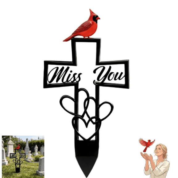 Metal Cemetery Memorial Plaque, "Miss You" Cardinal Cross Garden Stake, Outdoor Remembrance Decor