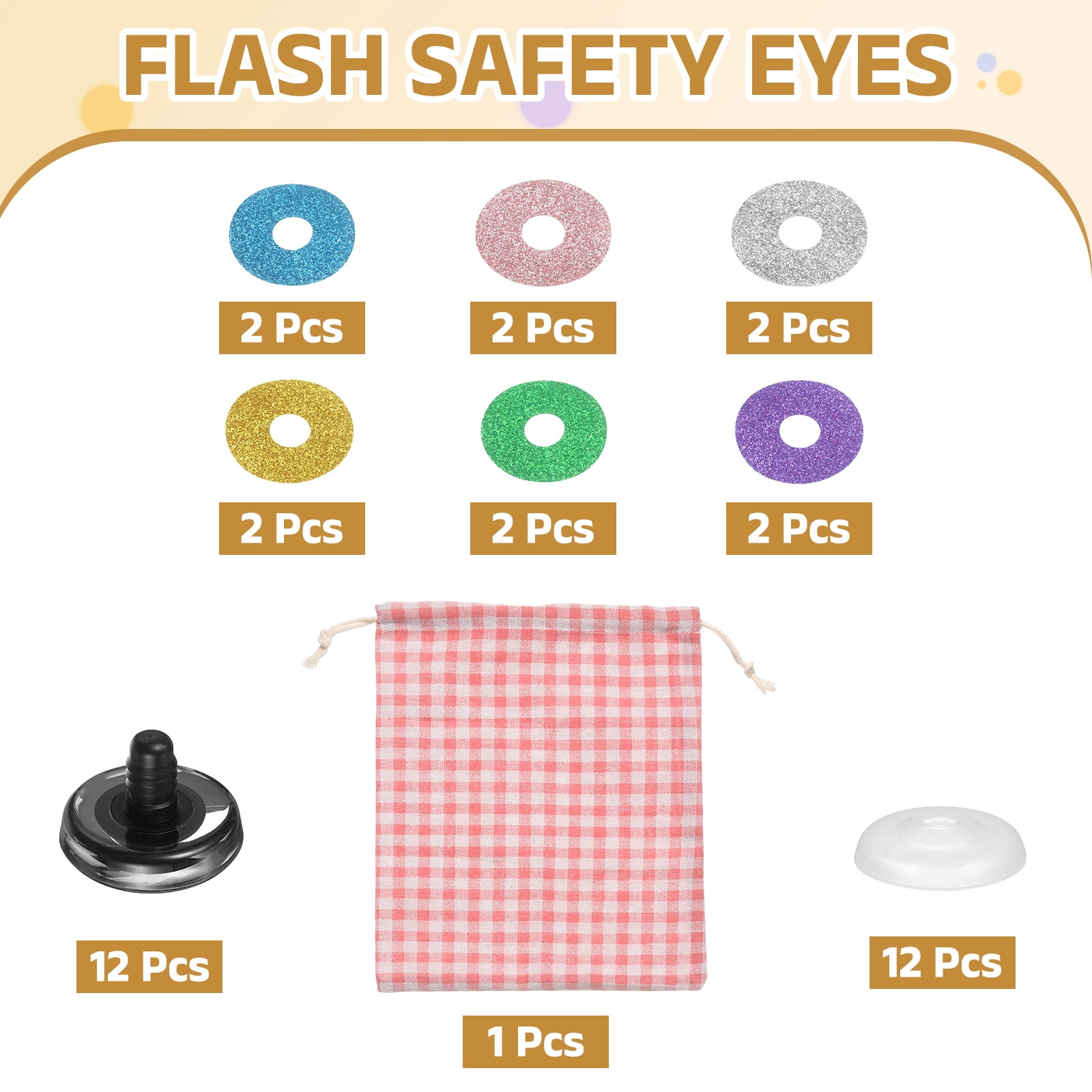 Uxcell12 Pcs Glitter Safety Eyes, 40mm Plastic 3D Crochet Doll Eyes with Washers and Drawstring Bag for Puppet Bear DIY Crafts Stuffed Animals Making Supplies, 6 Colors