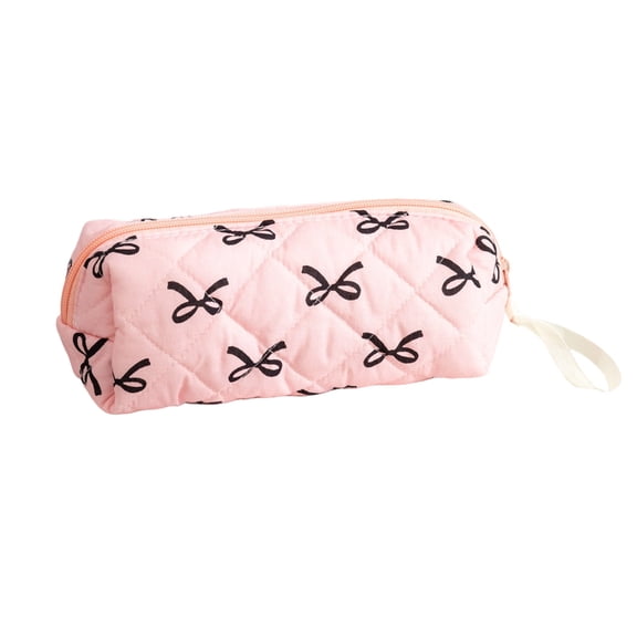 Quilted Bow Pencil Pouch Large Capacity Soft Stationery Storage Bag for Brushes Pencils and Travel Makeup Black