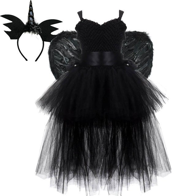Vestido de princesa de ángel demonio de Halloween para tazón, cola larga, tutú de ángel, encaje negro, disfraz de cabestrillo de cosplay para niños, cumpleaños ix zhangyuxiang unisex