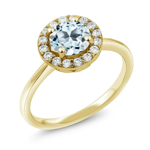 Gem Stone King 18K Yellow Gold Plated Silver Sky Blue Topaz and White Moissanite Halo Engagement Ring for Women (1.83 Cttw, Gemstone November Birthstone, Round 7MM, Size 7)