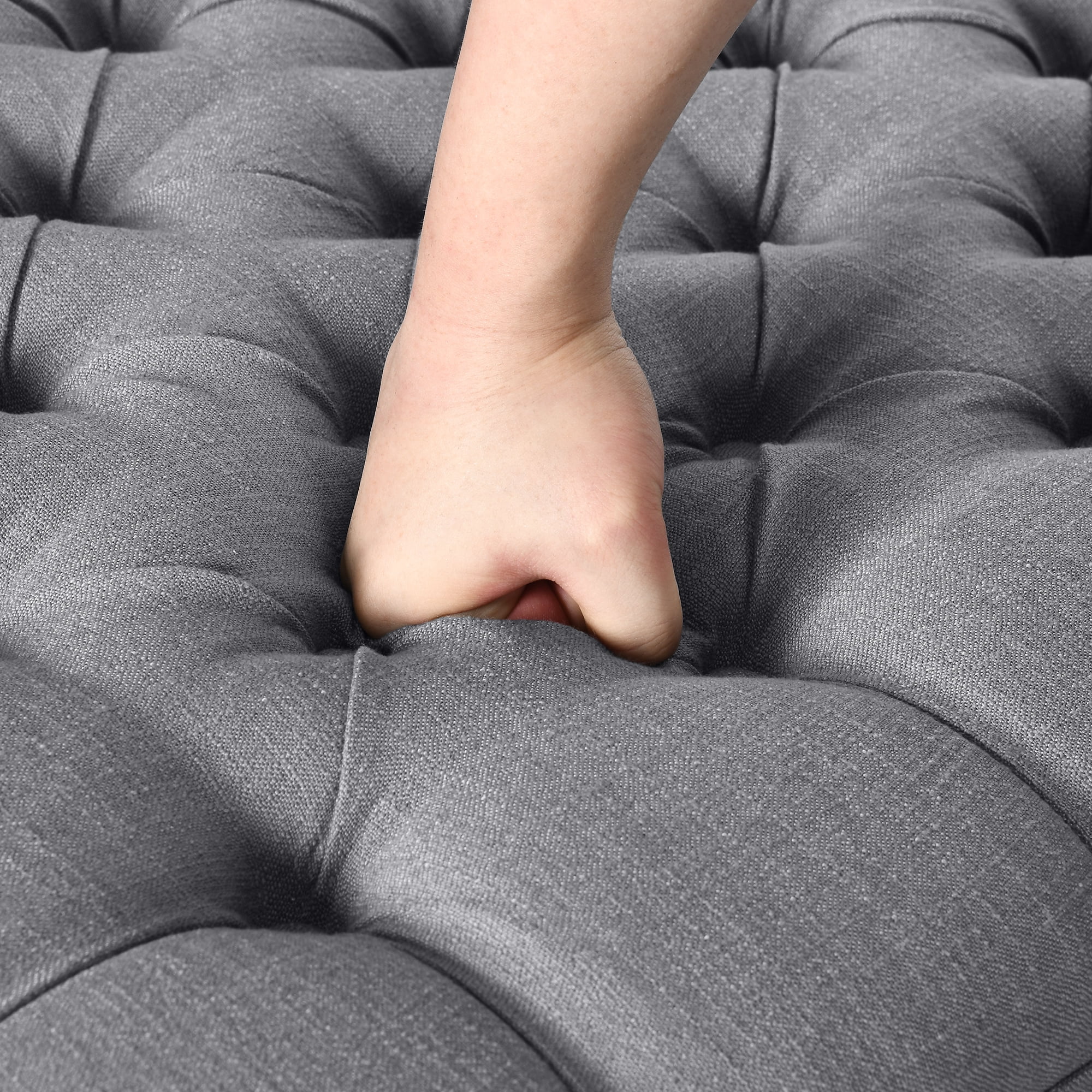 Dextrus 31" Tufted Ottoman, Modern Upholstered Linen Fabric Ottoman with Storage Shelf, Sofa Footrest Extra Seating for for Bedroom, Living Room, Entryway, Gray