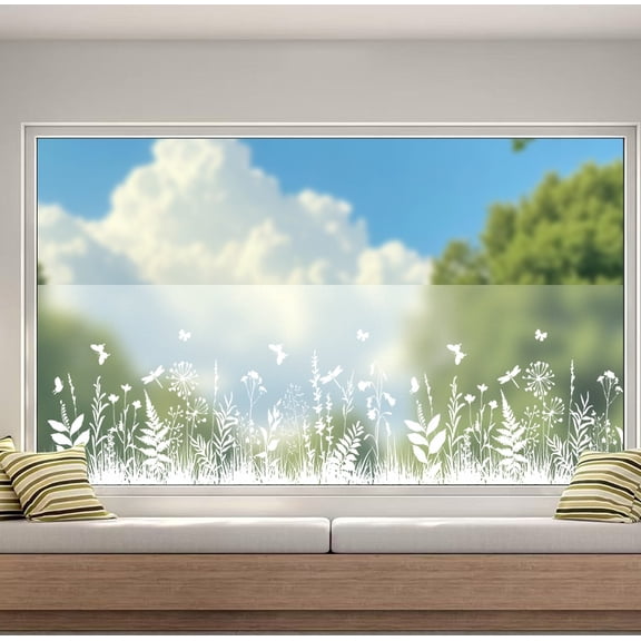 Frosted Privacy Window Film, Wildflower & Butterfly Border Static Cling Film, Non-Adhesive UV Blocking Decorative Glass Cover for Home Bathroom, 17" x 78.74"