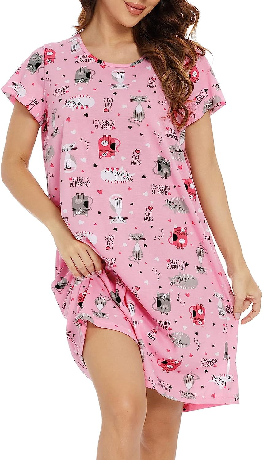 FOREEMME Nightgowns for Women Cotton Night Shirts Short Sleeve Night ...