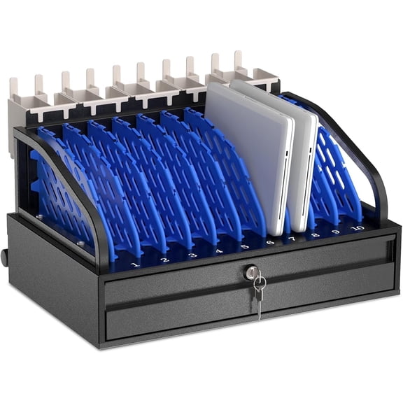 Pochar 10-Device Open Laptop Storage Rack - Charging Station for Chromebooks & Tablets with Lockable Storage Drawer for School, Office, Hospital