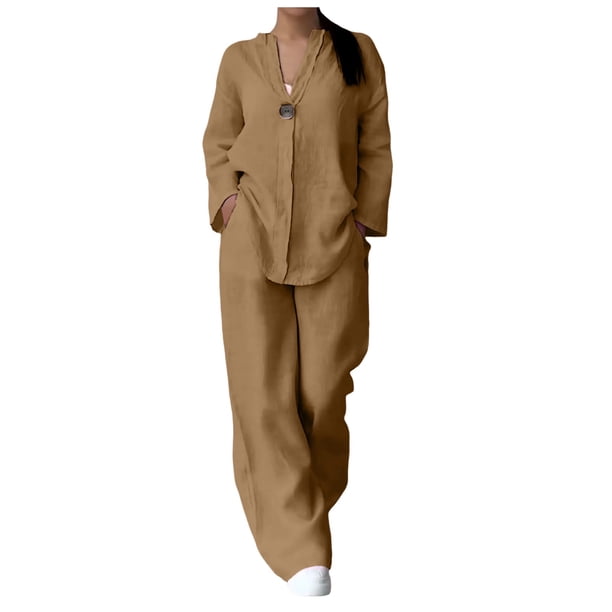 Conjunto informal de dos piezas para mujer: camisa de manga larga y pantalones de cintura alta - Camisa de color liso con botones, pantalones holgados con bolsillos, tallas S-XXL para todas las oca