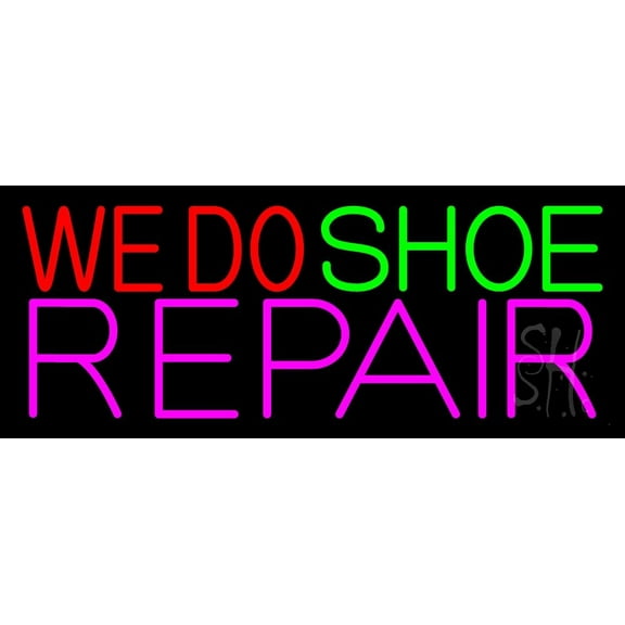We Do Shoe Repair LED Neon Sign 13 x 32 - inches, Black Square Cut Acrylic Backing, with Dimmer - Bright and Premium built indoor LED Neon Sign for store interior Décor, Storefront.
