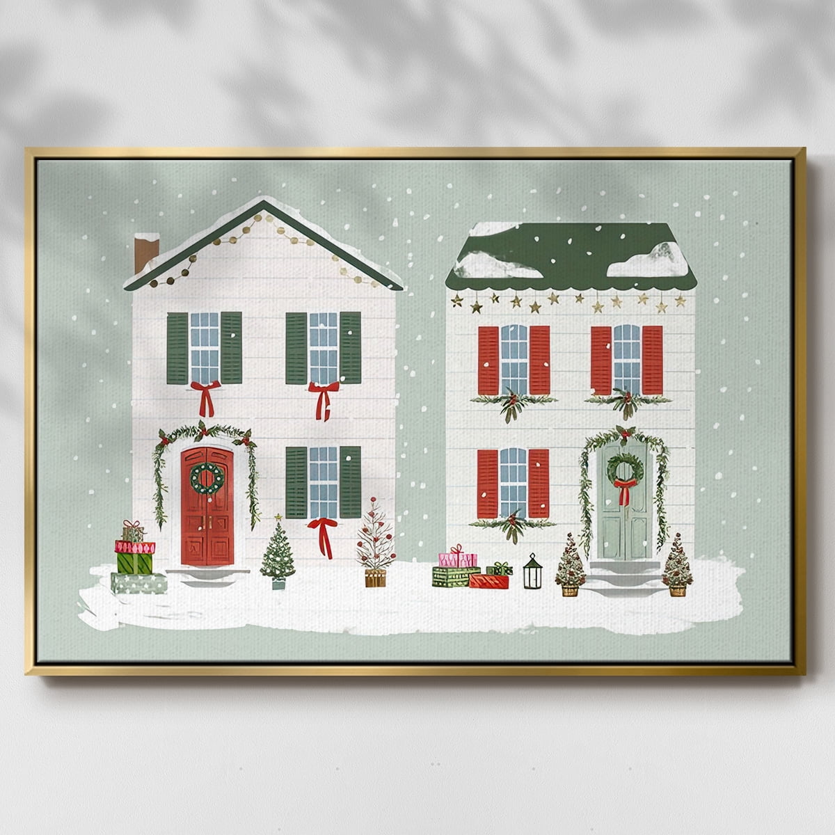 Festive Front Door Collection A - Framed Gallery Wrapped Holiday Canvas - 25 x 37 - Gold Frame
