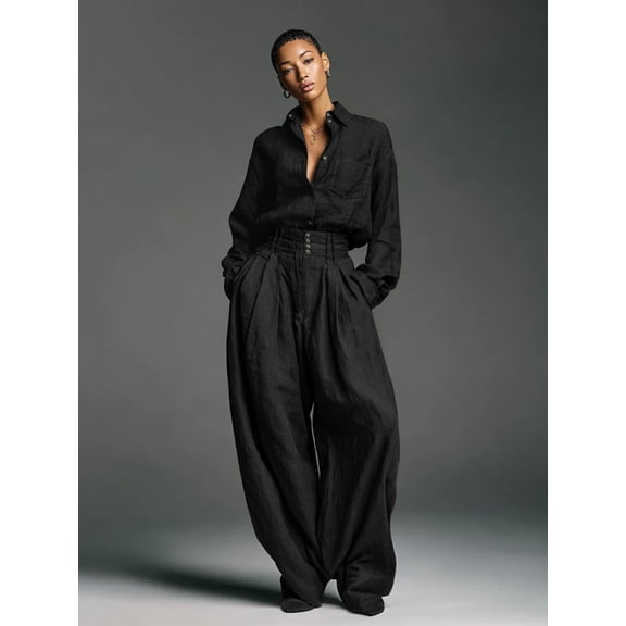 Women's Vintage Two Piece Set - Loose Fit Long Sleeve Button Down Shirt & High Waisted Wide Leg Pants Casual Lounge Outfit