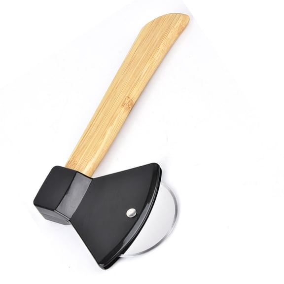 NFTIGB 8.3 Inch / 21 cm Bamboo Handle Pizza Cutter Wheel Ergonomic Axe Shape Stainless Steel Blade, Durable Pizza Knife Slicer Tool for Home Restaurant Kitchen Accessories, Black Color