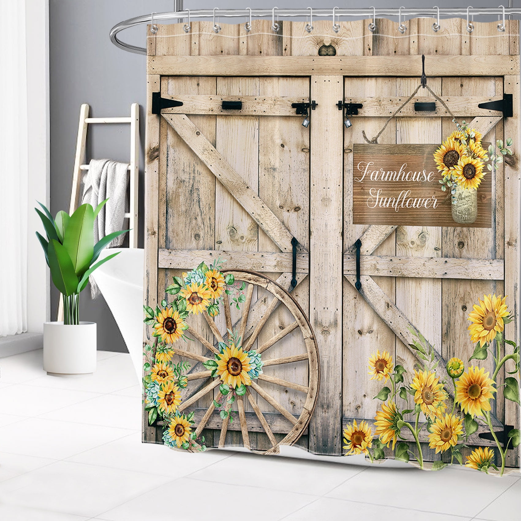HVEST Sunflower Shower Curtain for Bathroom Decor,Rustic Wooden Barn
