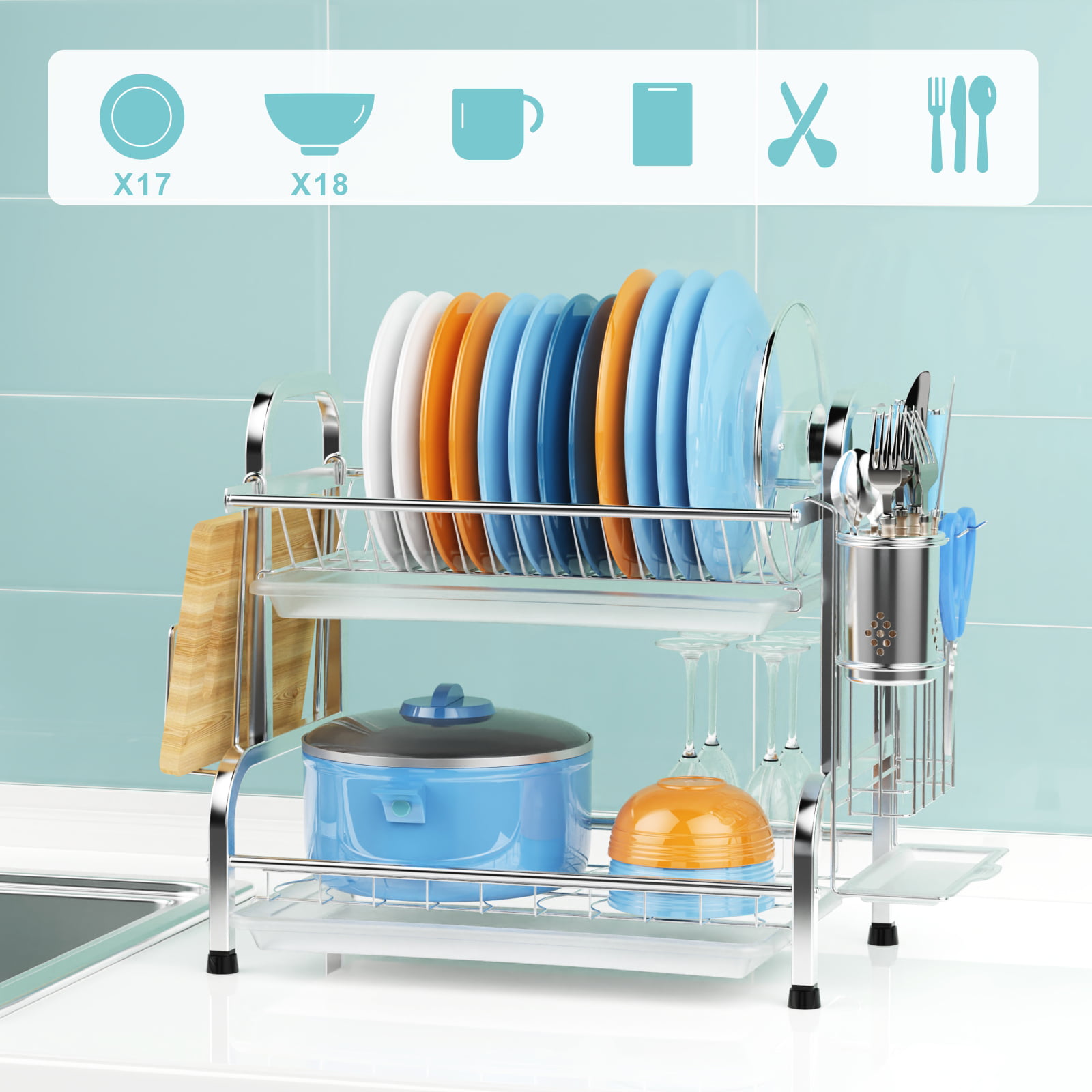 AKaSping Dish Drying Rack Drainboard Set 2 Tier Kitchen Dish Rack with Lid  Cover Plastic Small Utensil Holder Rack for Kitchen Plate Cup Dish Storage
