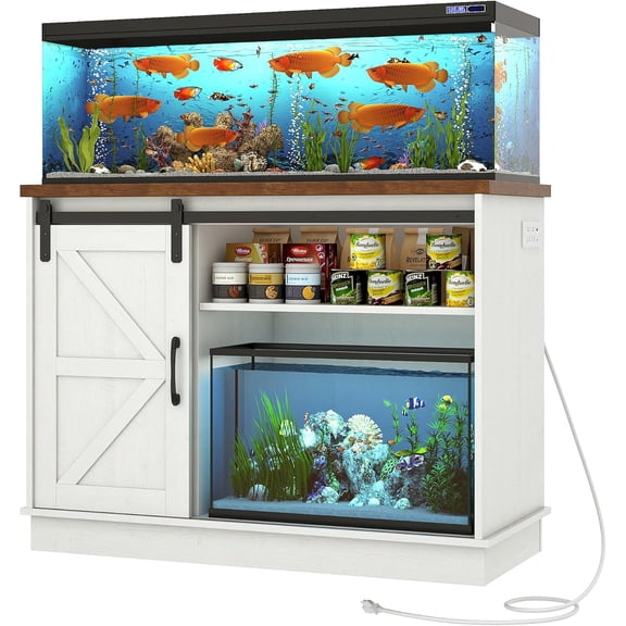 Farmhouse 30-40 Gallon Fish Tank Stand w/Power Outlet, Aquarium Stand w/Cabinet&Sliding Barn Door, Heavy Duty Reptile Tank Stand for Fish/Turtle/Reptile Terrarium, 1000LB Capacity, Rustic WH