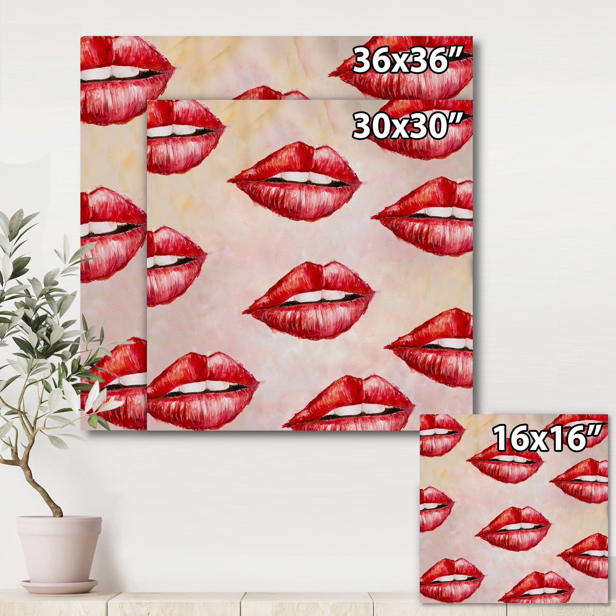 Designart ' Red Girl Lips Pattern ' Modern Canvas Wall Art Print