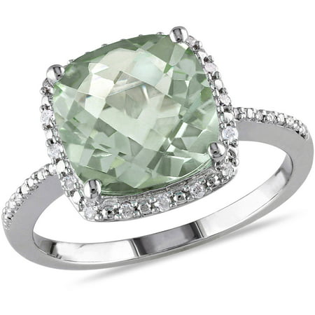 Tangelo 4 Carat T.G.W. Cushion-Cut Green Amethyst and 1/10 Carat T.W. Diamond Sterling Silver Halo Cocktail Ring