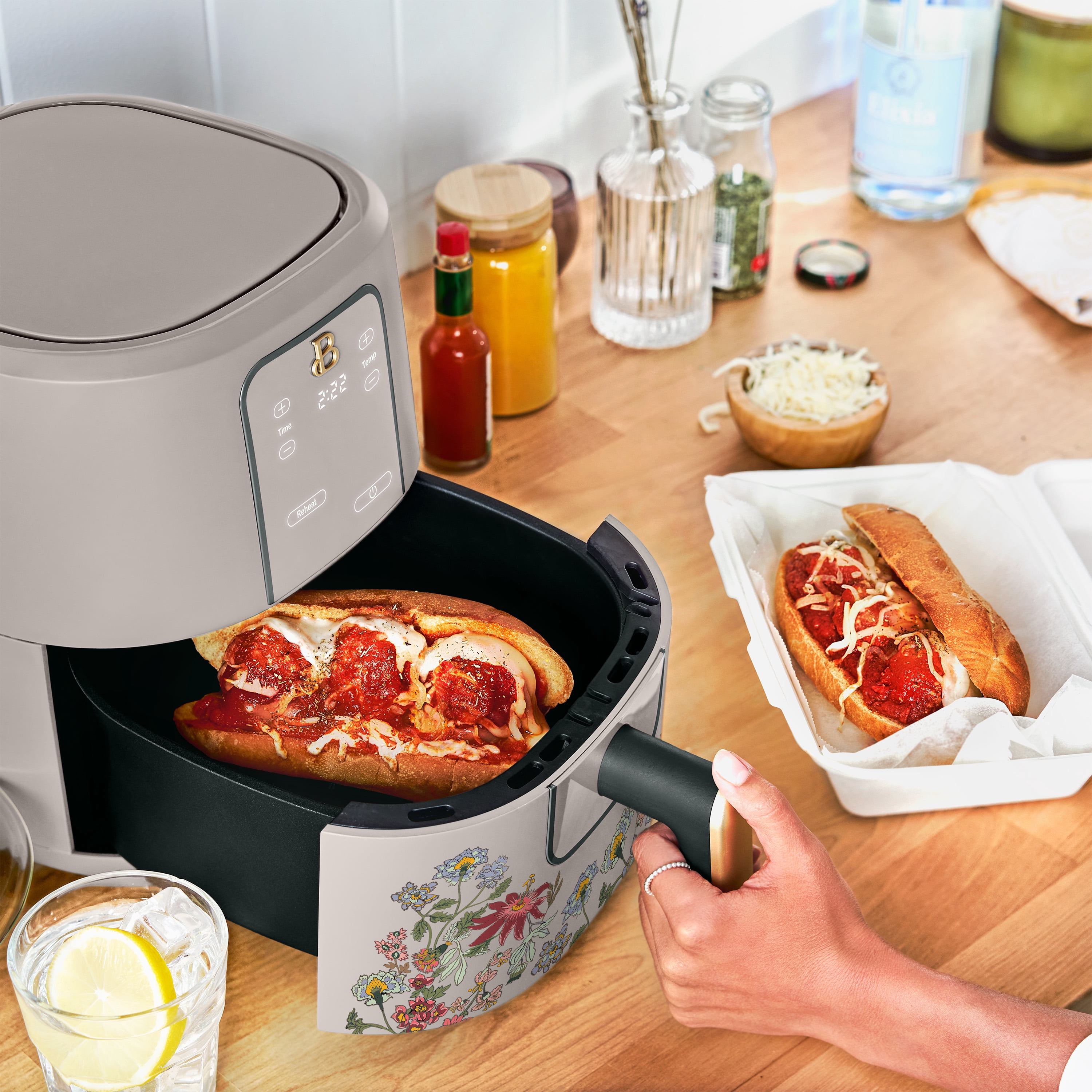 Beautiful 3 Qt Air Fryer with TurboCrisp Technology, EverGood Ceramic Nonstick Coating, Wildflower Porcini Taupe by Drew Barrymore