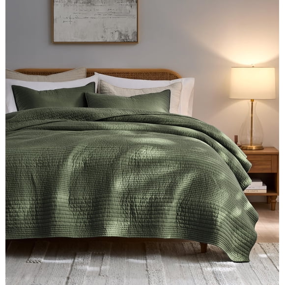 Juego de ropa de cama Palassio a rayas verde oliva 100% algodón California Cal King