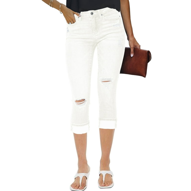 Vetinee Women's Stretch Summer High Rise Capri Pants Ripped Denim Capri  Jeans Size L Size 12 Size 14 Brilliant White 