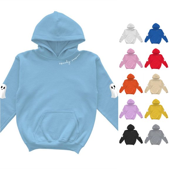 WAYUTE Sweatshirts for Girls Halloween Oversized Theme Printed Loose Graphic Hoodies Kids Long Sleeve Soft Cozy Warm Fall Outfits Casual Dailywear,Blue,Size 13-14 Y
