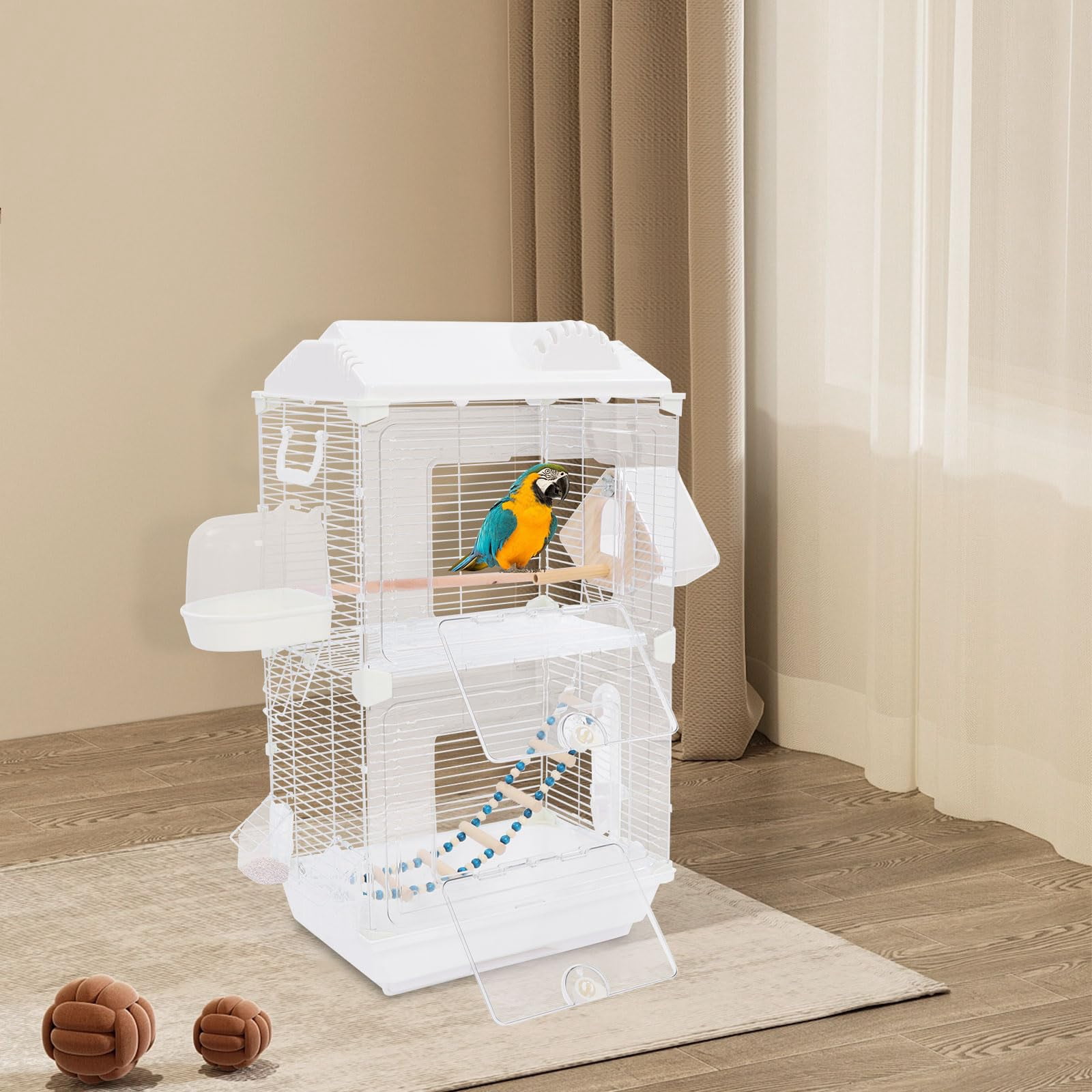 Miumaeov Two-Tier Bird Cage, 30 Inch Pigeons Parrot Birdcage with Safe Rotary Door Lock, White Parakeet Cage for Small to Medium Birds, Easy Access Double Doors