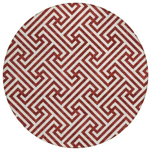 HomeRoots 583596 8 ft. Round Geometric Washable Indoor & Outdoor Area Rug, Merlot & Ivory