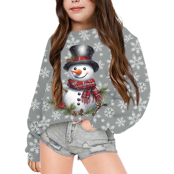 RUTAYY Girls Christmas Pullover Sweatshirt Cute Snowman Pattern Crew Neck Long Sleeve Top for Winter Warm Layering, Grey