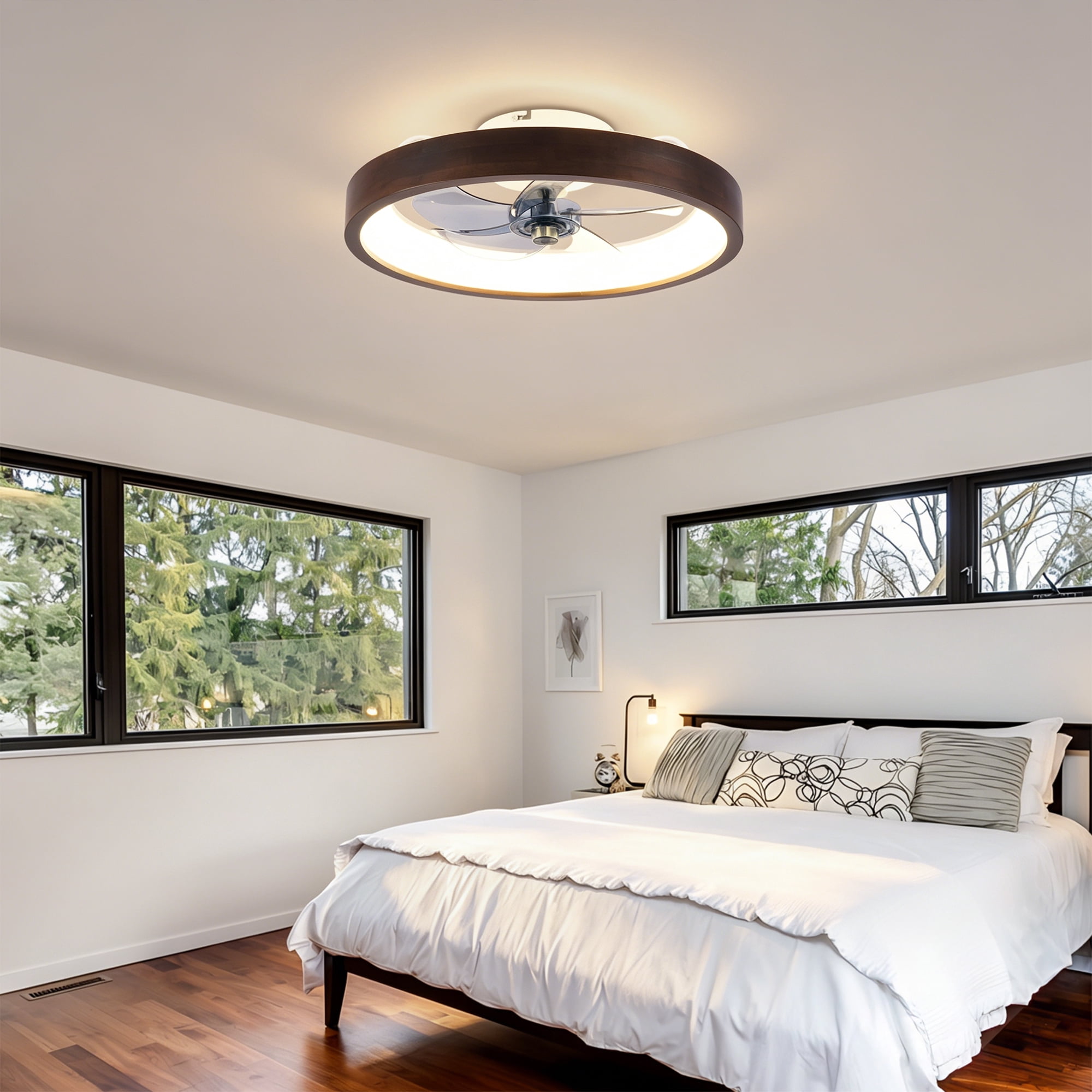 20" Flush Mount Ceiling Fan with Lights, 3000-6500K Dimmable LED, 6 Speeds Reversible Quiet DC Motor, Modern Farmhouse Ceiling Fan for Living Room Bedroom Kitchen, Wood & White