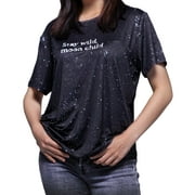 Women's Silver Confetti T-Shirt, Sequins Short Sleeve T-Shirt Crew Neck Ultra Soft Silver Sparkly Black Tee, Relaxed Fit Tops