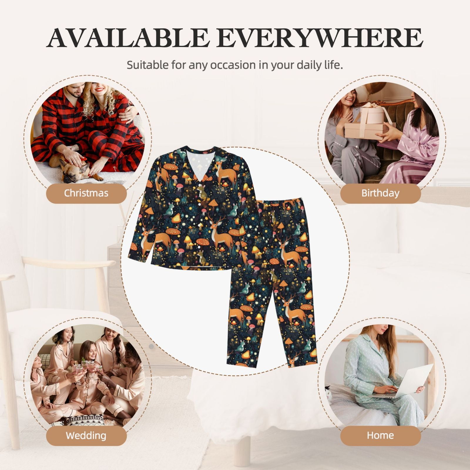 Fuzoiu Forest Elf Print Women's Long-Sleeved Pajama,Lounge Button Down Nightwear,Womens Notch Collar Pajama Set-Small