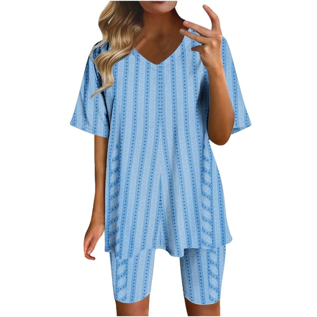 Blusas para las Mujeres Casual Impreso Cuello en V Manga Corta Blusa Pantalones Cortos, Conjuntos de Ropa para las Mujeres