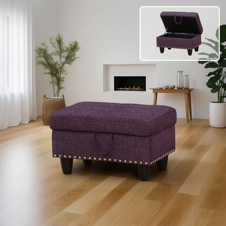Amaranth Purple Linen Storage Ottoman with Nailhead Trim