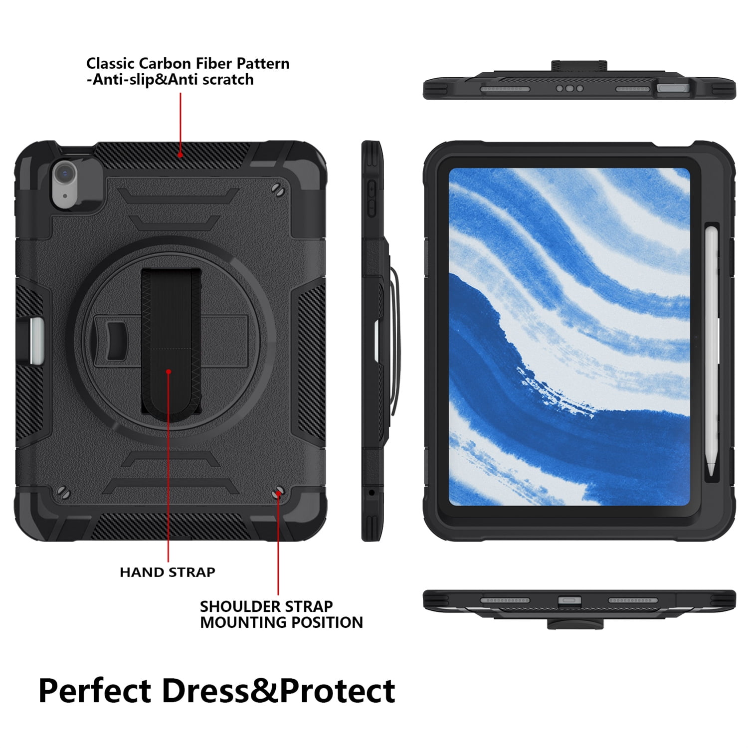 Shockproof Case for Apple iPad 11th 10th Gen 2025 2022, with Pencil Holder Military Grade Protection Rotating Stand Hand Strap Shoulder Strap Bumper Rugged Case for iPad 11th Gen 11"/ 10th Gen 10.9"