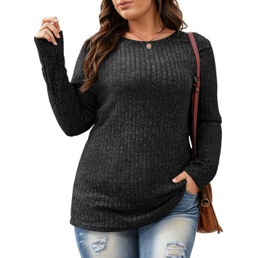 FlorCurve Plus Size Sweater for Women Long Sleeve Crew Neck Pullover Sweaters Casual Tunic Tops, Black 3XL